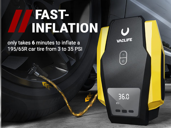 VacLife Air Compressor Tire Inflator, DC 12V Portable Air Compressor for Car Tires, Auto Tire Pump with LED Light, Digital Air Pump for Car Tires, Bicycles and Other Inflatables, Yellow(VL701)