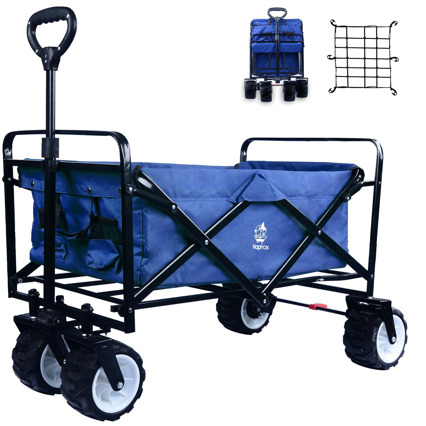 Collapsible Wagon Stroller, Wagons Carts Foldable Grocery Cart on Wheels Beach Wagon Foldable Cart with Wheels, Cup Holders, Adjustable Handle, Safety Straps,Shopping, Garden,Sports,Blue