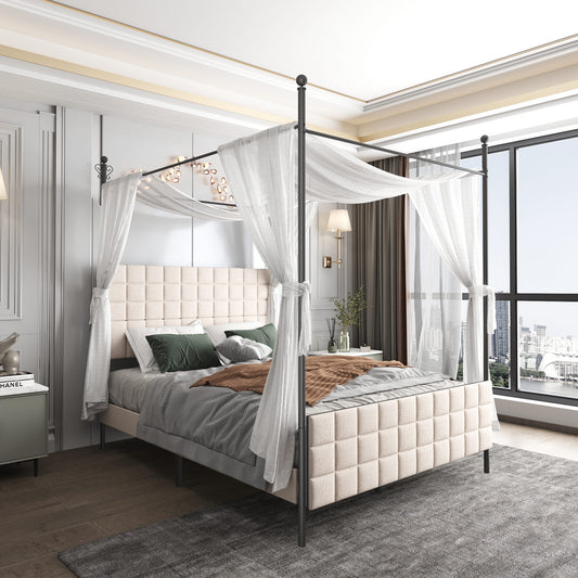 Grid Panel Canopy Bed - Beige Linen - QN