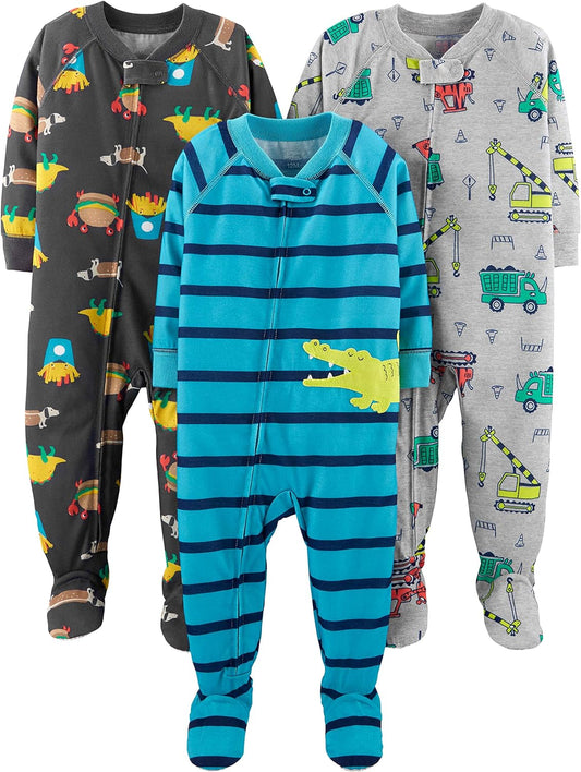 Toddlers and Baby Boys' Loose-Fit Polyester Jersey Footed Pajamas, Pack of 3