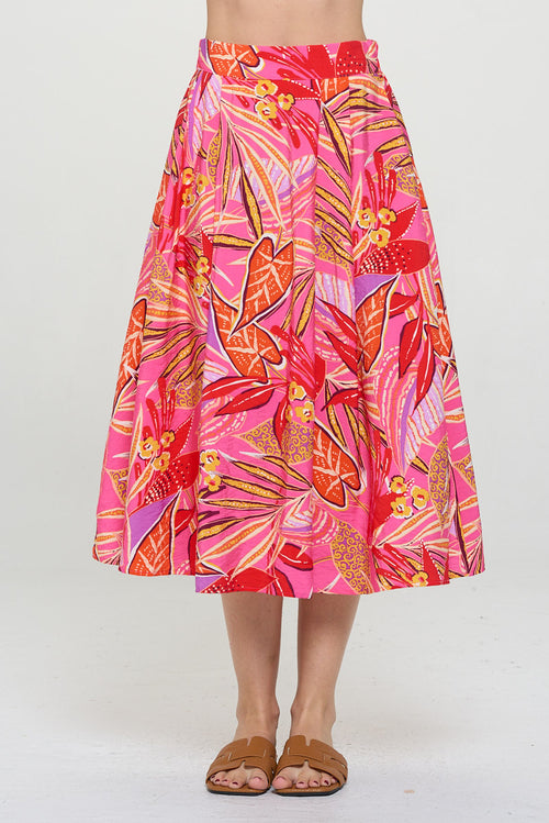 Tropical Leaf Print Midi Skirt with Pockets