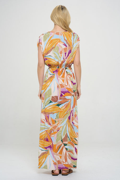 Tropical V neck Sleeveless Maxi Dress with Slit