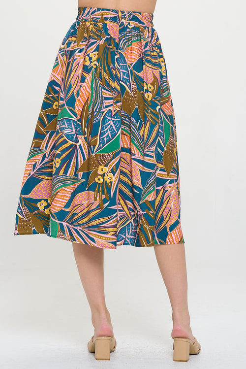 Tropical Leaf Print Midi Skirt with Pockets