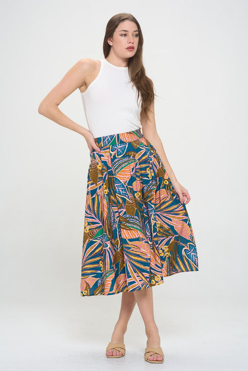 Tropical Leaf Print Midi Skirt with Pockets