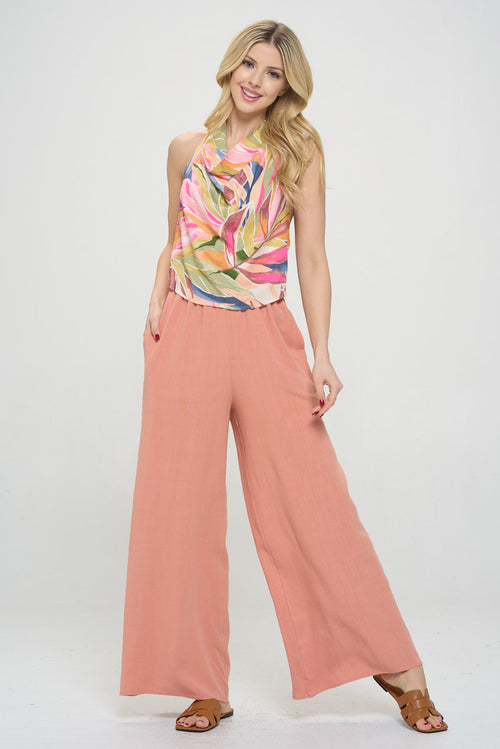 Solid Linen Wide Leg Pants with Pockets