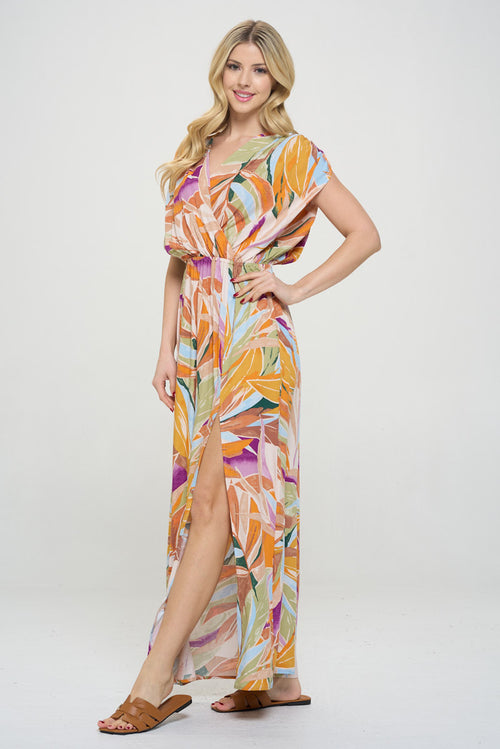 Tropical V neck Sleeveless Maxi Dress with Slit