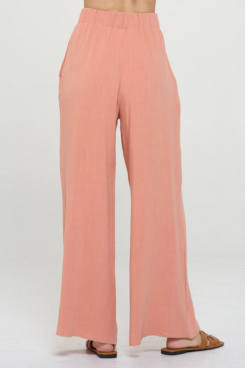 Solid Linen Wide Leg Pants with Pockets