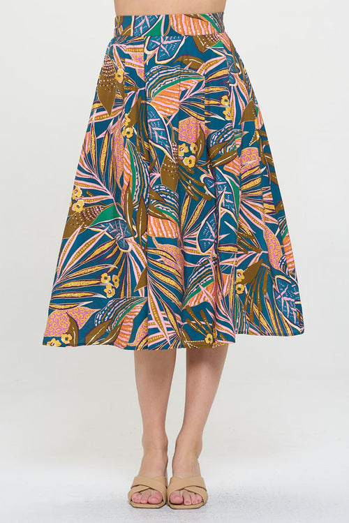 Tropical Leaf Print Midi Skirt with Pockets