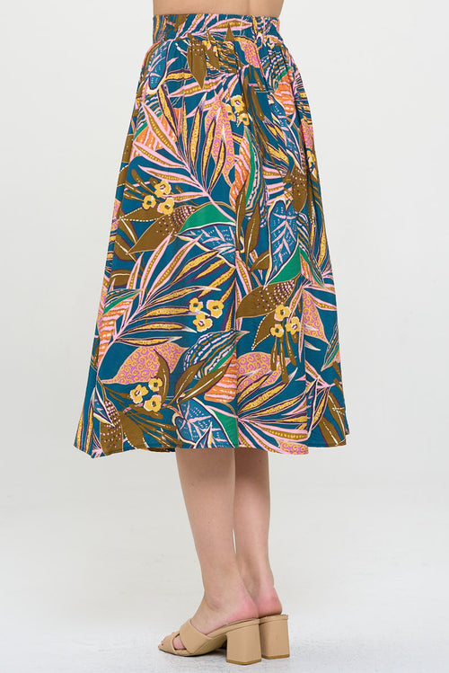 Tropical Leaf Print Midi Skirt with Pockets