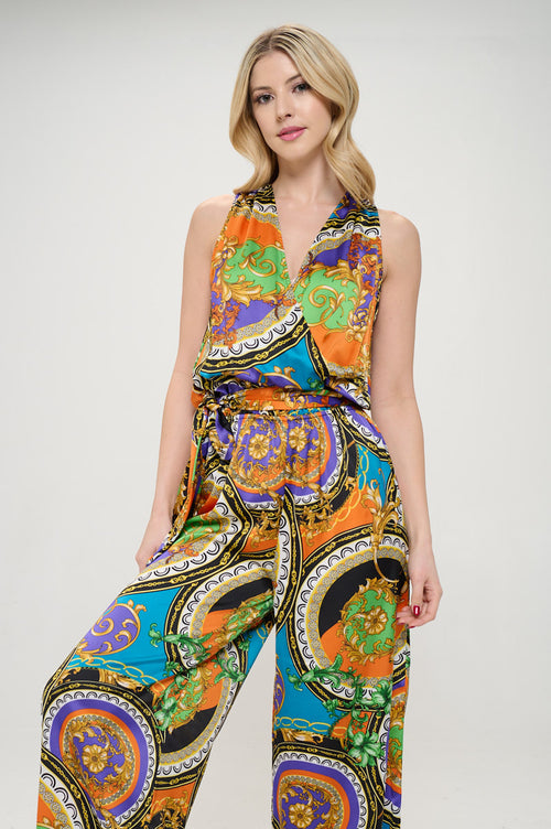 Satin Print V neck Sleeveless Jumpsuit with Tie