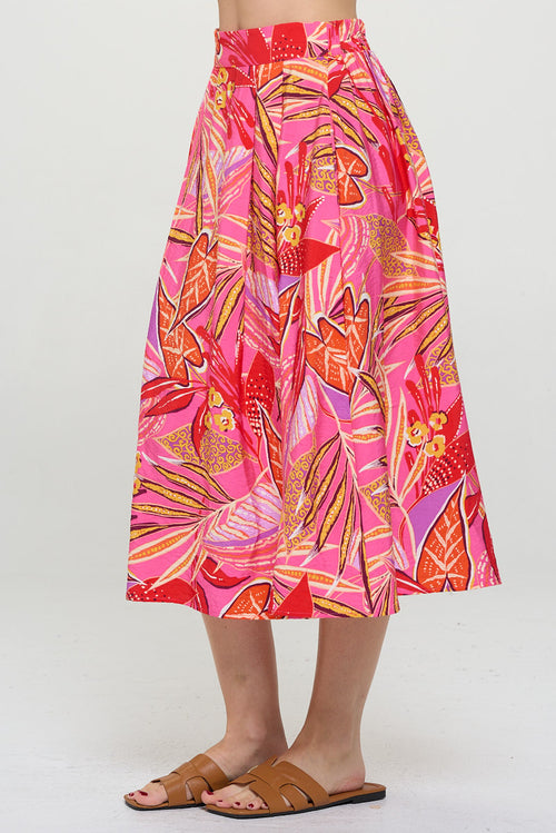 Tropical Leaf Print Midi Skirt with Pockets