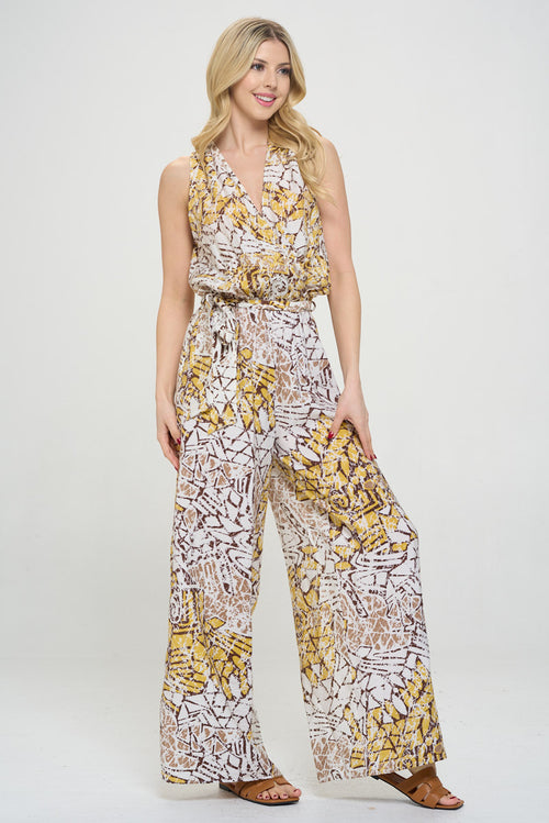 Print V neck Sleeveless Jumpsuit with Tie