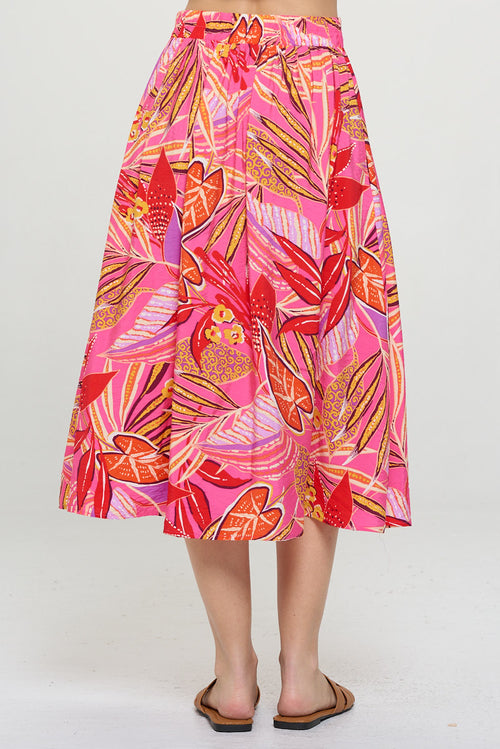 Tropical Leaf Print Midi Skirt with Pockets