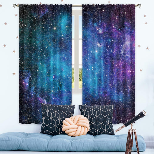 Kids Galaxy Outer Space Nebula Curtains 42W X 63L Inch Rod Pocket Blue Universe Planets Boys Girls Constellation Fantasy Starry Stars Trippy Bedroom Living Room Window Drapes Fabric 2 Panels