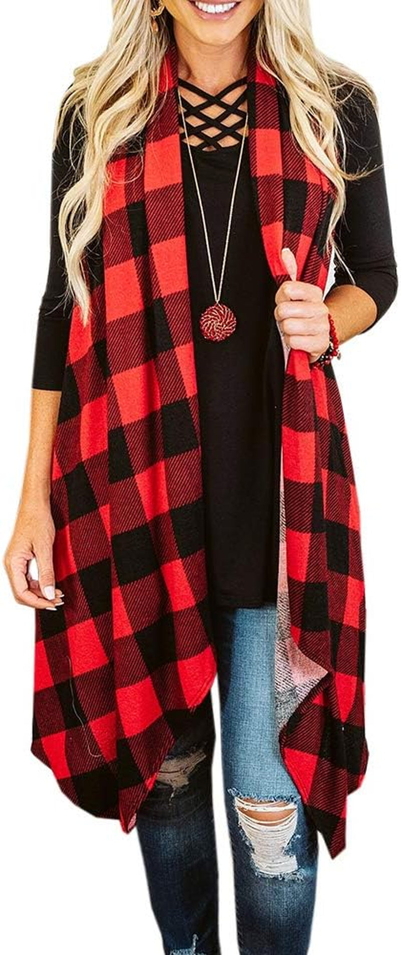 Womens Plaid Open Front Sweaters Sleeveless Duster Cardigans Drape Lightweight Vest Coat with Pockets