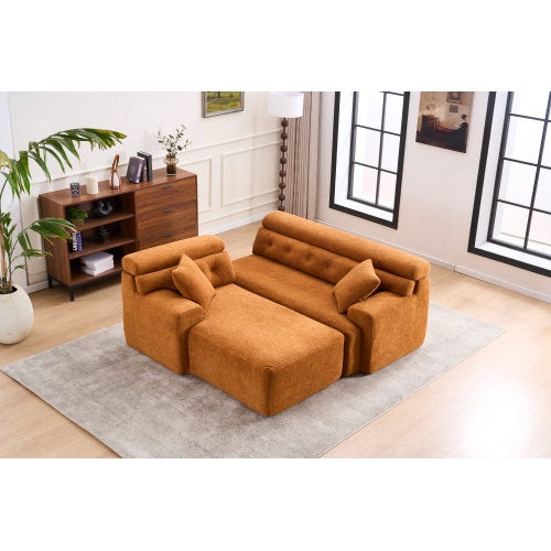 LY-029B WHITE COMPRESSION SOFA Combining Chaise Longue With 3-seater  Wood Grain Chenille Fabric, Full Sponge Compression Sofa,combined Sofa With 2 Pillows For Living Home Furniture