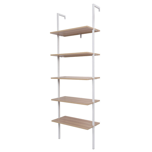 5-Shelf Wood Ladder Bookcase with Metal Frame, Industrial 5-Tier Modern Ladder Shelf Wood Shelves XH