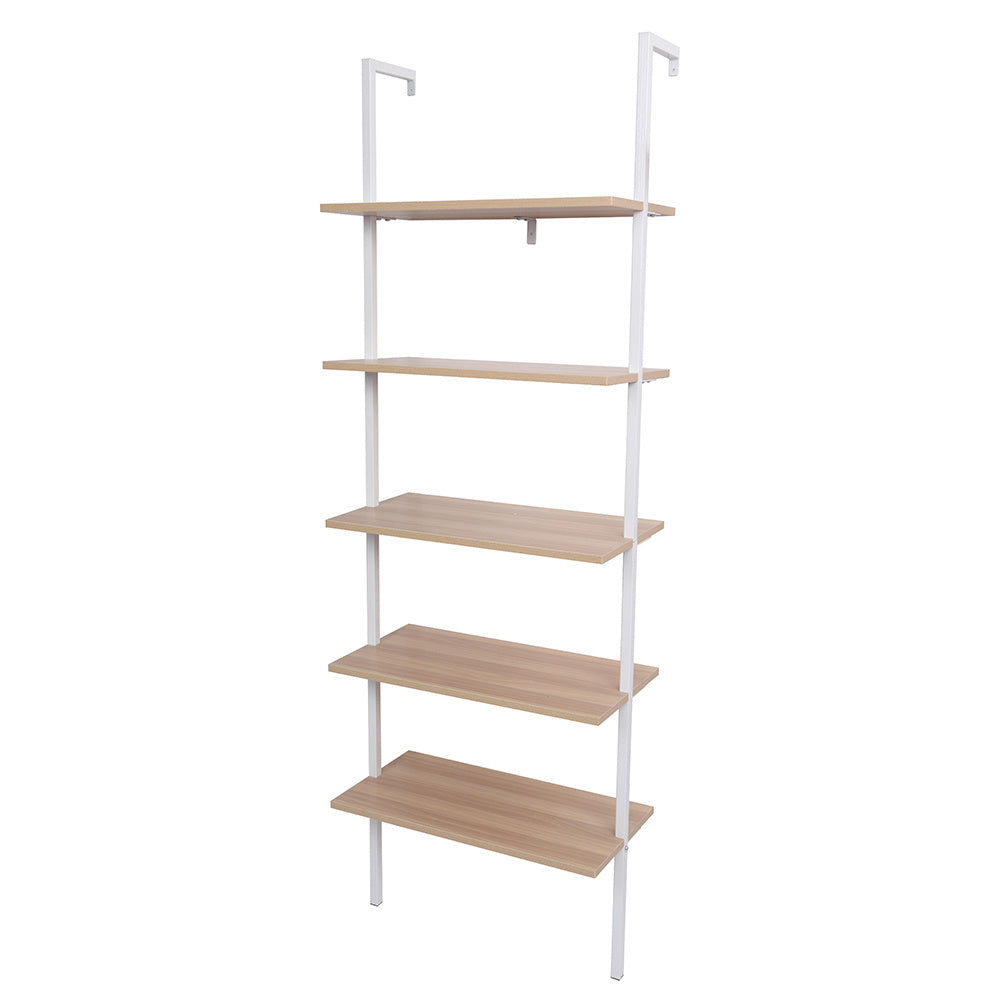 5-Shelf Wood Ladder Bookcase with Metal Frame, Industrial 5-Tier Modern Ladder Shelf Wood Shelves XH