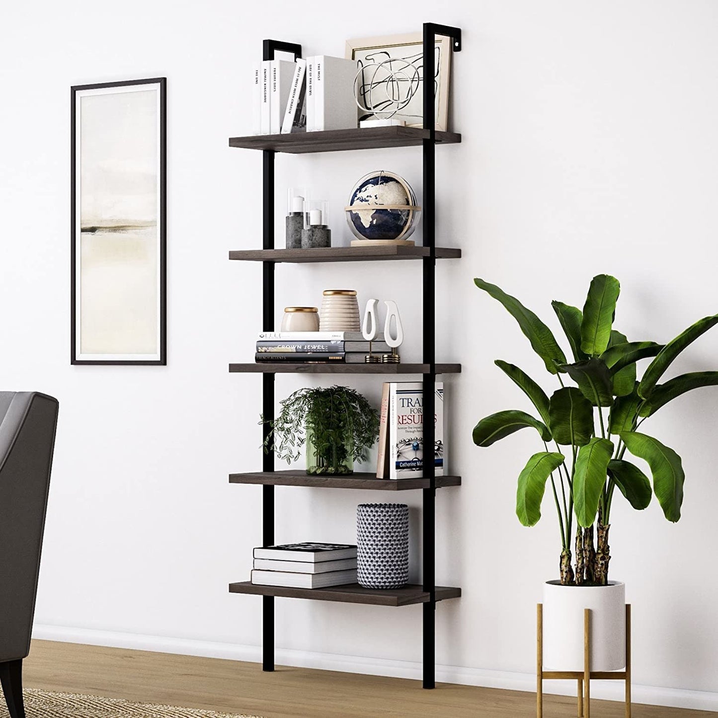 5-Shelf Wood Ladder Bookcase with Metal Frame, Industrial 5-Tier Modern Ladder Shelf Wood Shelves XH