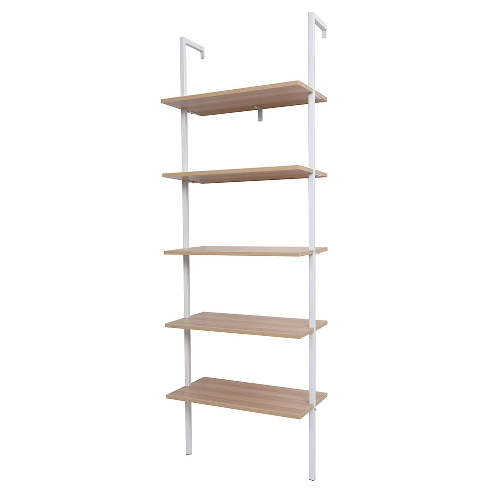 5-Shelf Wood Ladder Bookcase with Metal Frame, Industrial 5-Tier Modern Ladder Shelf Wood Shelves XH