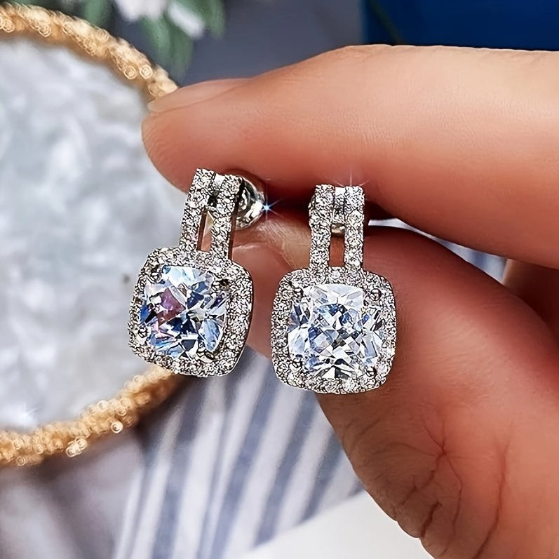 2CT Cushion Moissanite Stud Drop Earrings D Color Lab Created Diamond Sterling Silver  Platinum Plated Square Halo Earrings For Women Birthday Jewelry Gifts