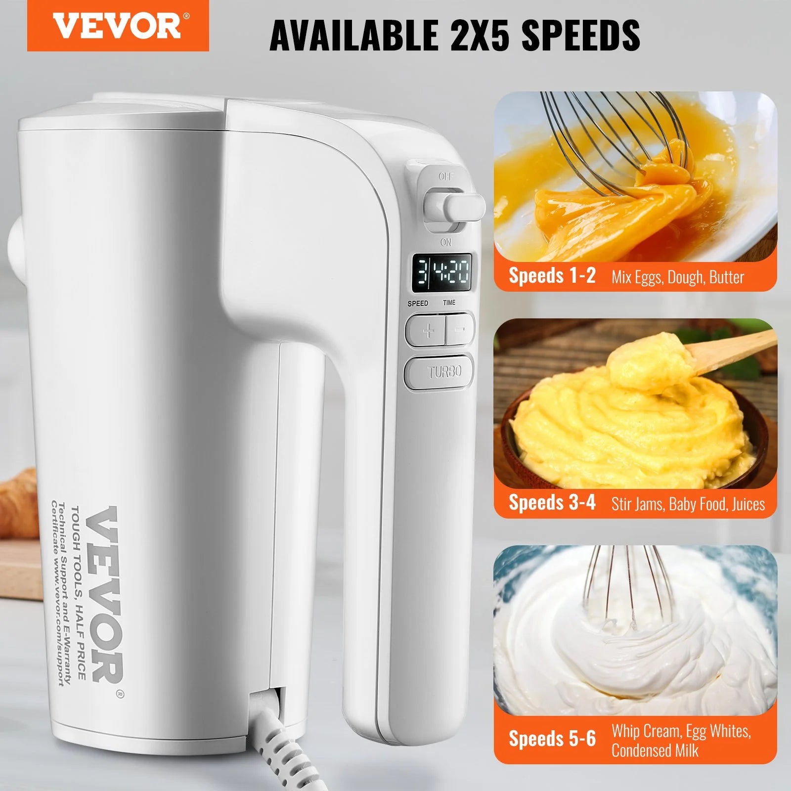 VEVOR Digital Electric Hand Mixer, 5-Speed, 200W Portable Electric Handheld Mixer, with Turbo Boost Beaters Dough Hooks Whisks Storage Bag, Baking Supplies for Whipping Mixing Egg Cookie Cake Cream