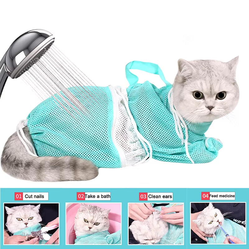 Cat Grooming Shower Bag Mesh Polyester Wash Mesh Bags Adjustable Cats Restraint Bag Prevent Scratching for Bathing Nail Trimming