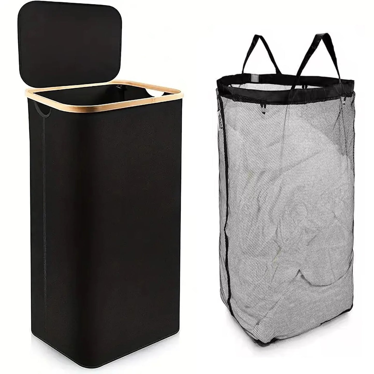 Large Laundry Hamper with Lid, 100L Laundry Basket with Bamboo Handles for Clothes and Toys, Freestanding Collapsible Laundry Basket with Inner Bag for Bedroom and Bathroom-Black