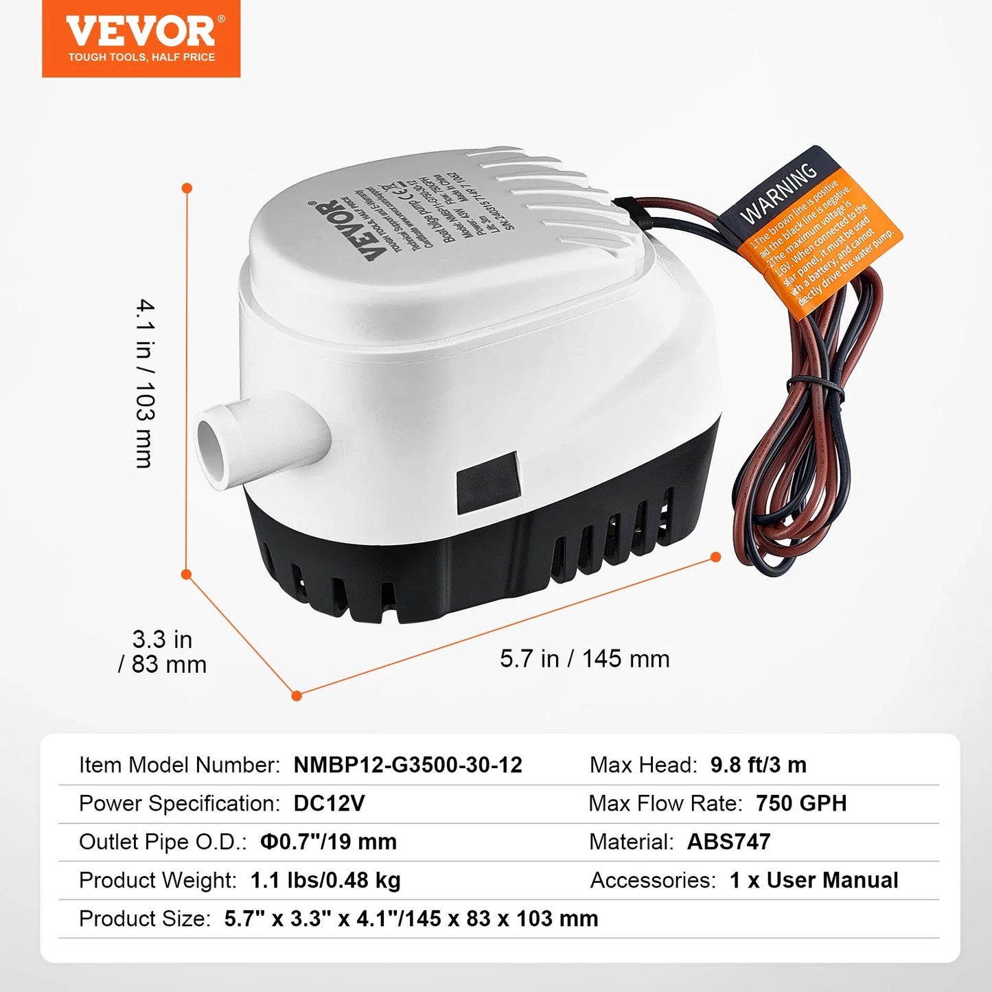 VEVOR Bilge Pump, 750GPH 12V Automatic Submersible Boat Bilge Water Pump with Float Switch, 0.7 Outlet Diameter, Small Boat Bilge Pump, Marine Electric Bilge Pump for Boats, Ponds, Pools, Basements