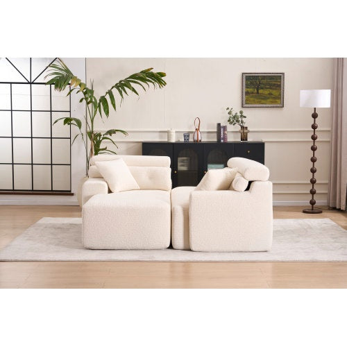 LY-029B WHITE COMPRESSION SOFA Combining Chaise Longue With 3-seater  Wood Grain Chenille Fabric, Full Sponge Compression Sofa,combined Sofa With 2 Pillows For Living Home Furniture