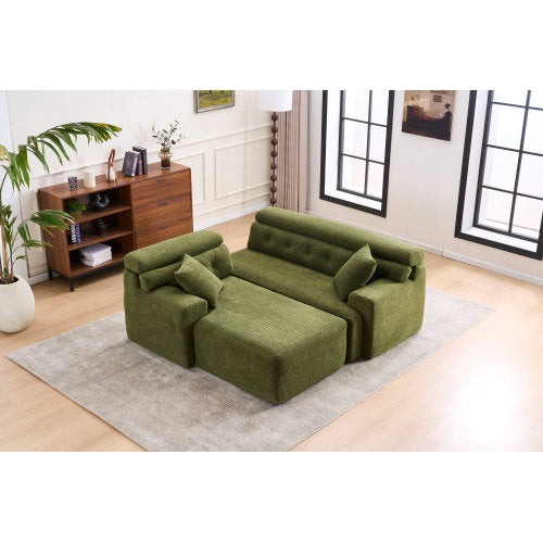 LY-029B WHITE COMPRESSION SOFA Combining Chaise Longue With 3-seater  Wood Grain Chenille Fabric, Full Sponge Compression Sofa,combined Sofa With 2 Pillows For Living Home Furniture