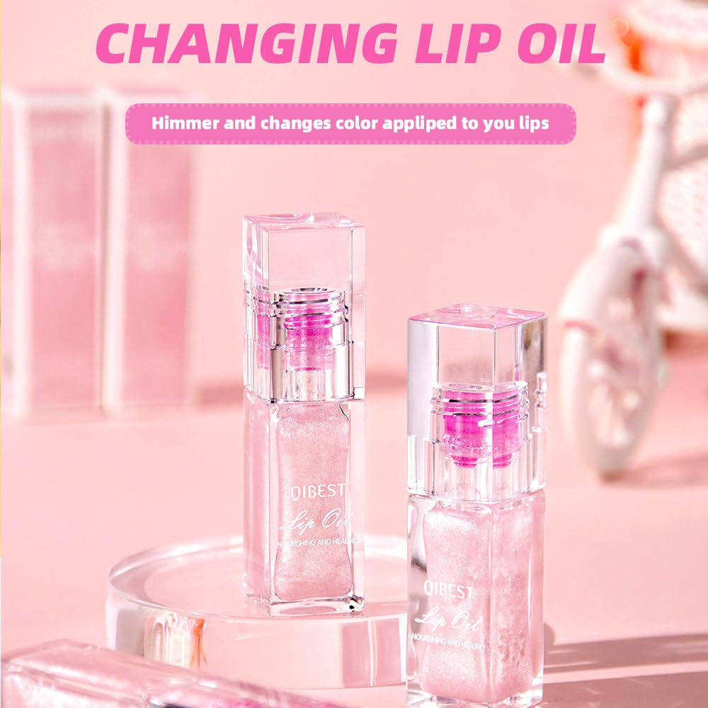 Color Changing Lip Oil – Magic Glitter Gloss with Large Brush, Hydrating & Shimmery, Long-Lasting, Non-Sticky Lip Glow (1 PC)