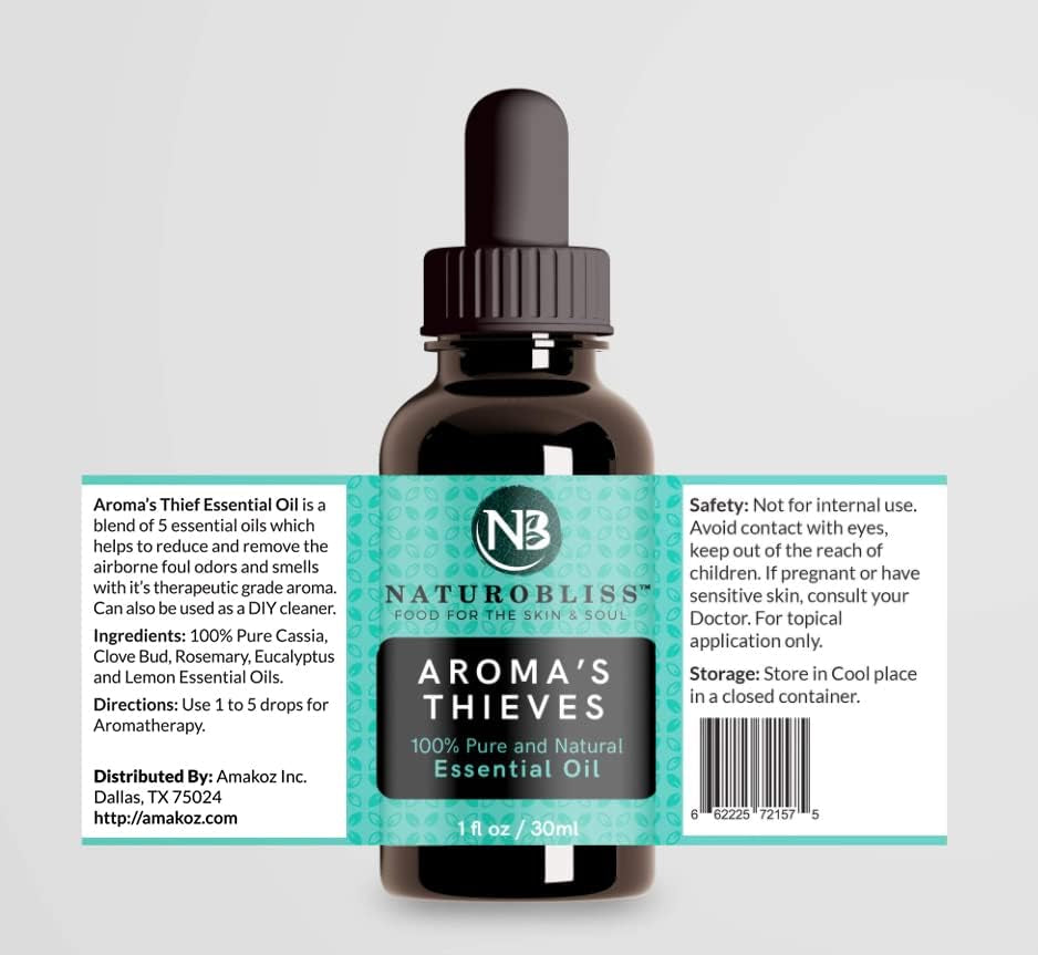 Aroma'S Thief Synergy Blend Aromatherapy Essential Oils Blend (Cassia Clove Rosemary Eucalyptus Lemon) Guards from Tales of French Thieves - 1 Fl. Oz, 30Ml