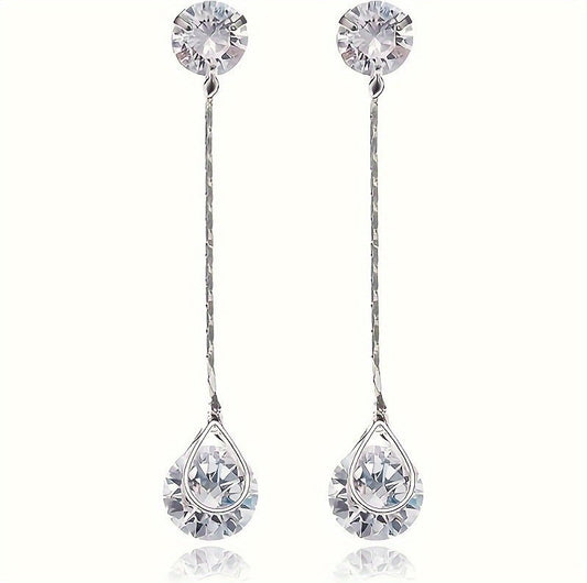 Crystal Linear Drop Earrings - Womens Sterling Silver Round Cubic Zirconia CZ Diamond Rhinestone Long Chain Dangle Earrings Bridal Drop Earrings For Wedding Bride Bridesmaids