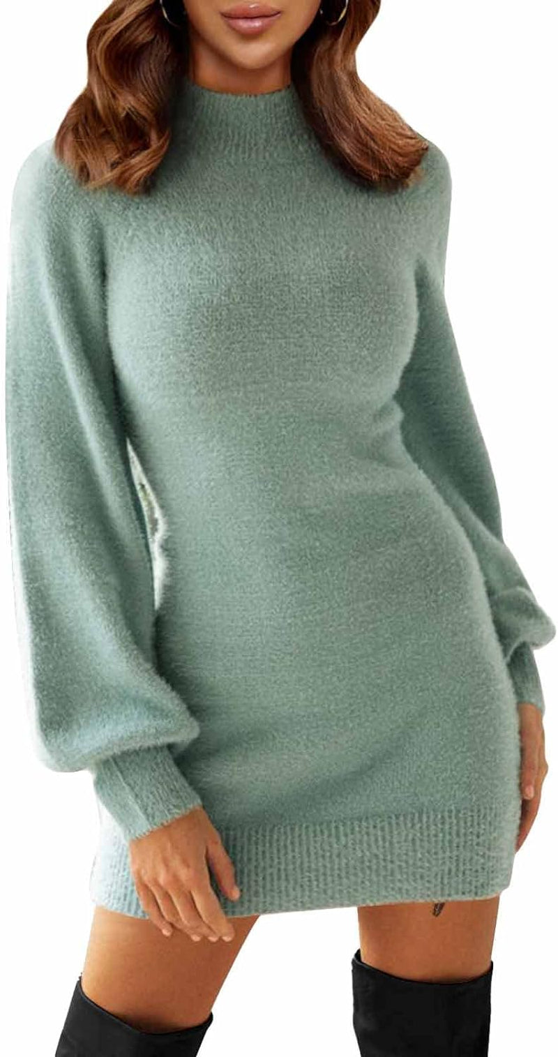 Women'S 2025 Mock Neck Ribbed Long Sleeve Bodycon Pullover Cute Mini Sweater Dress