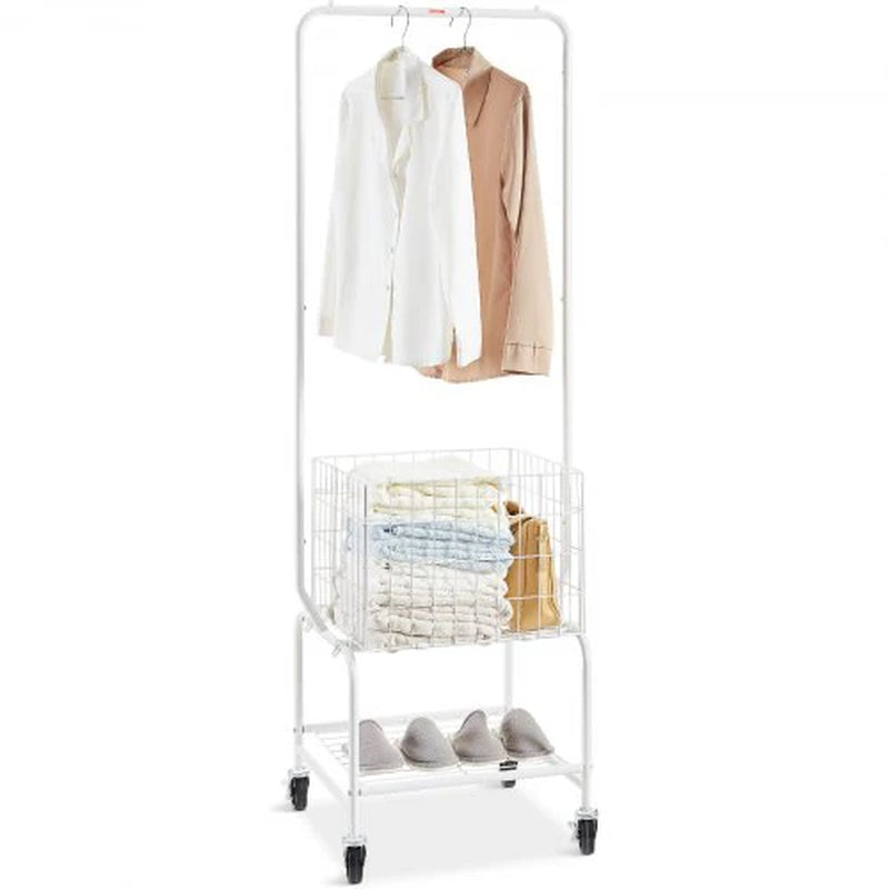 VEVOR Metal Rolling Laundry Basket with Hanging Garment Rack, Height Adjustment Laundry Hamper Cart with Basket Load and Shelf Load, Storage Organizer with Heavy Duty Lockable Wheels