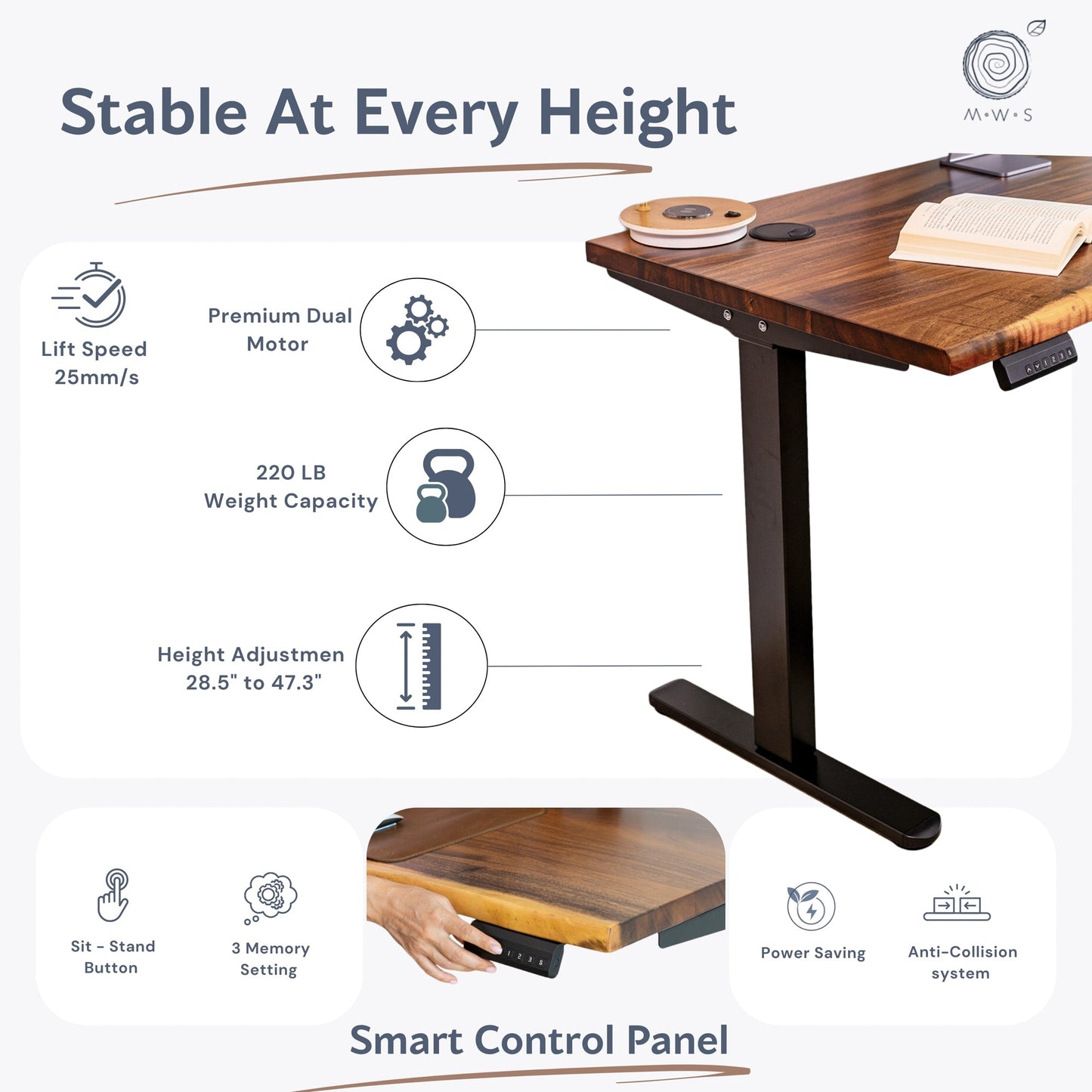 Adjustable Standing Desk - Solid Wood Standing Desk, Live Edge Desk | Modern Wood Style